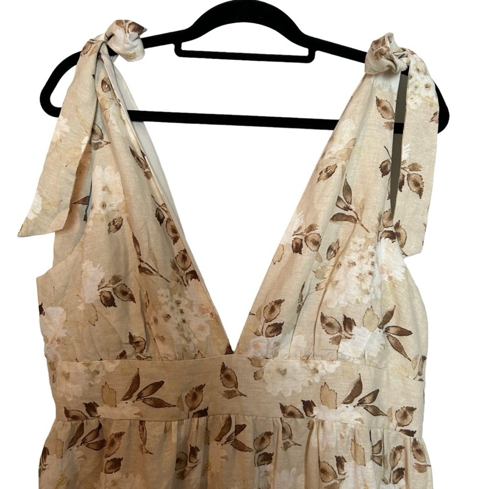 House of Harlow 1960 Cream and Brown Floral & Leaf Tiered Linen Blend Maxi Dress - Picture 4 of 16